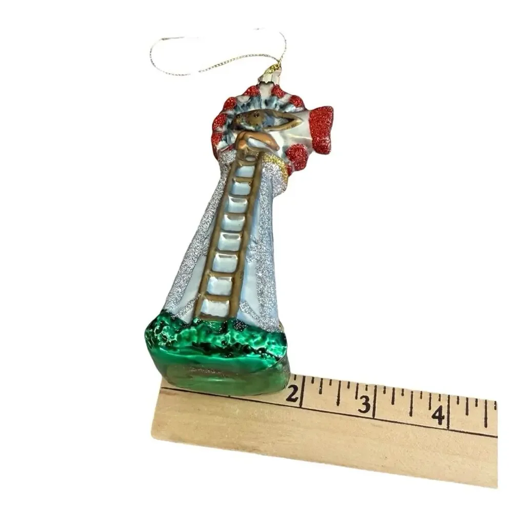 Farm Windmill Rustic Midwest‎ Glass Christmas Ornament Red Green White EUC